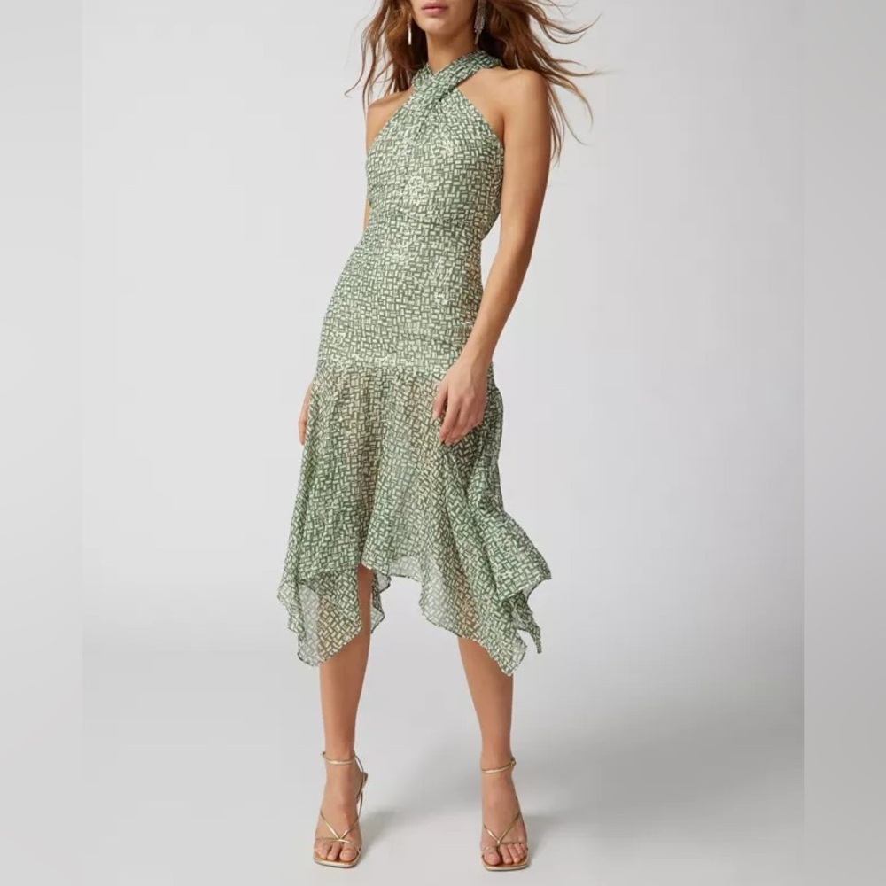 En Saison Regis Midi Dress Green Metallic Gold Floral Halter Handkerchief Hem